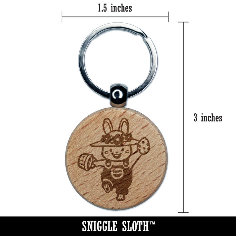 Cute Easter Bunny with Hat Egg and Overalls Engraved Wood Round Keychain Tag Charm