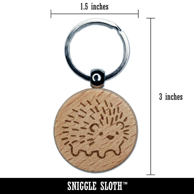 Cute Simple Hedgehog Line Drawing Engraved Wood Round Keychain Tag Charm