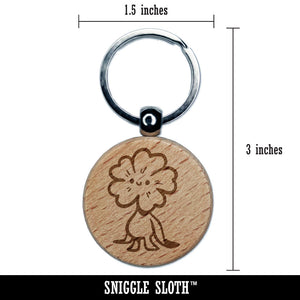 Cute Weird Flower Creature Smile Happy Face Engraved Wood Round Keychain Tag Charm