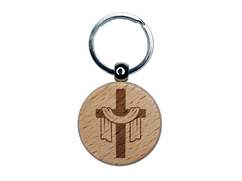 Draped Cross Easter Christianity Jesus Christ Engraved Wood Round Keychain Tag Charm