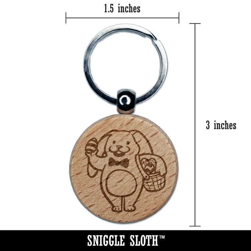 Easter Bunny Rabbit with Basket of Eggs Engraved Wood Round Keychain Tag Charm