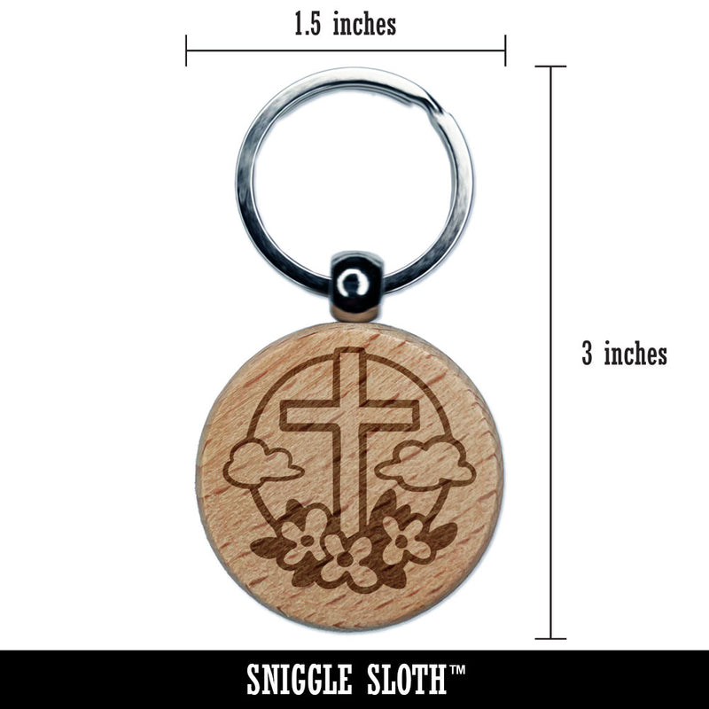 Easter Cross with Flowers and Clouds Engraved Wood Round Keychain Tag Charm