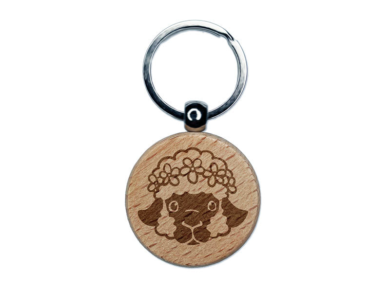 Easter Lamb Head Flower Crown Engraved Wood Round Keychain Tag Charm