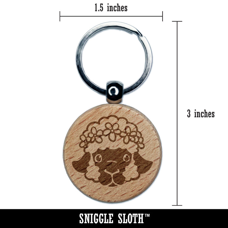 Easter Lamb Head Flower Crown Engraved Wood Round Keychain Tag Charm