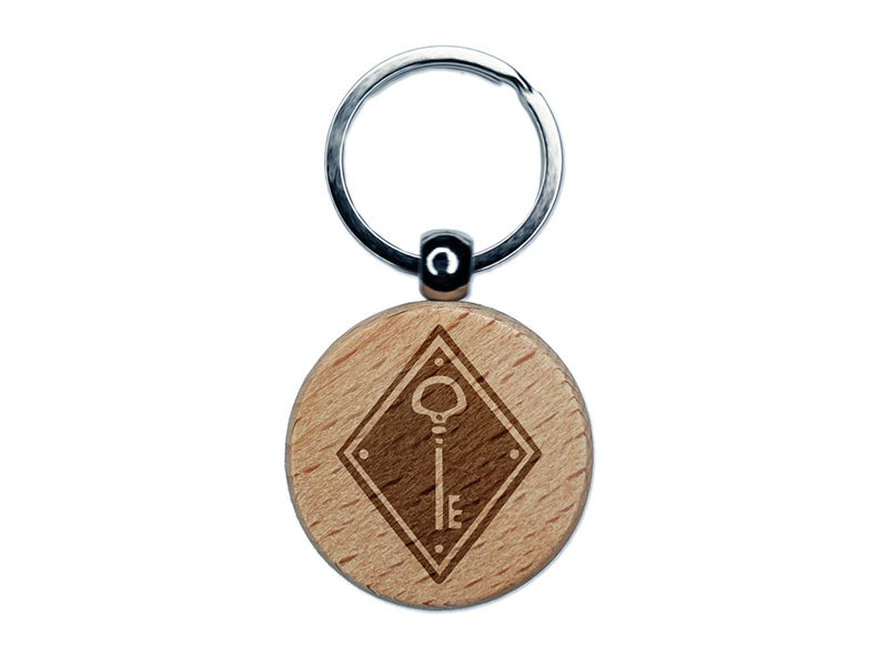 Elegant Antique Vintage Key In Diamond Engraved Wood Round Keychain Tag Charm