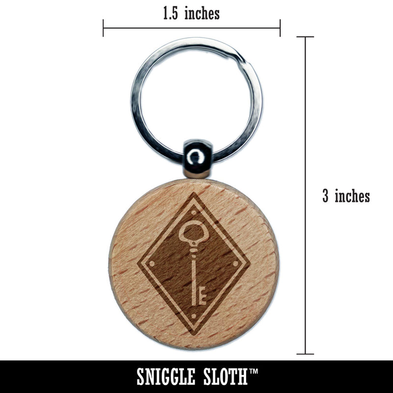Elegant Antique Vintage Key In Diamond Engraved Wood Round Keychain Tag Charm