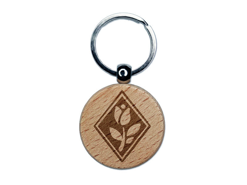 Elegent Tulip Flower in Diamond Engraved Wood Round Keychain Tag Charm