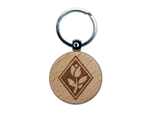 Elegent Tulip Flower in Diamond Engraved Wood Round Keychain Tag Charm