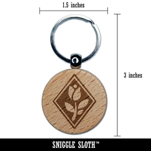 Elegent Tulip Flower in Diamond Engraved Wood Round Keychain Tag Charm