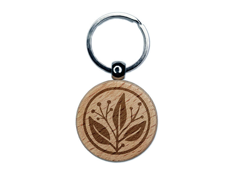 Fancy Decorative Leaves Branch in Circle Engraved Wood Round Keychain Tag Charm