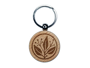 Fancy Decorative Leaves Branch in Circle Engraved Wood Round Keychain Tag Charm