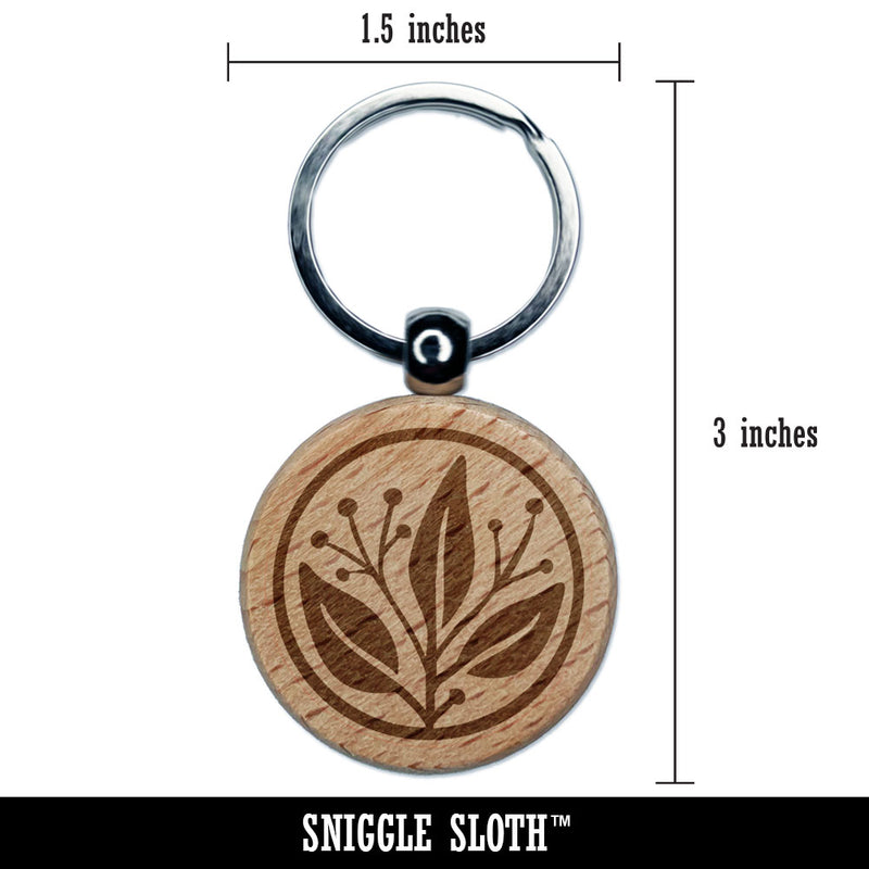 Fancy Decorative Leaves Branch in Circle Engraved Wood Round Keychain Tag Charm