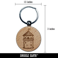 Fantasy Medieval Wizard Tower Building Engraved Wood Round Keychain Tag Charm