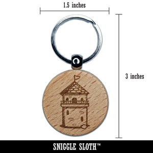 Fantasy Medieval Wizard Tower Building Engraved Wood Round Keychain Tag Charm