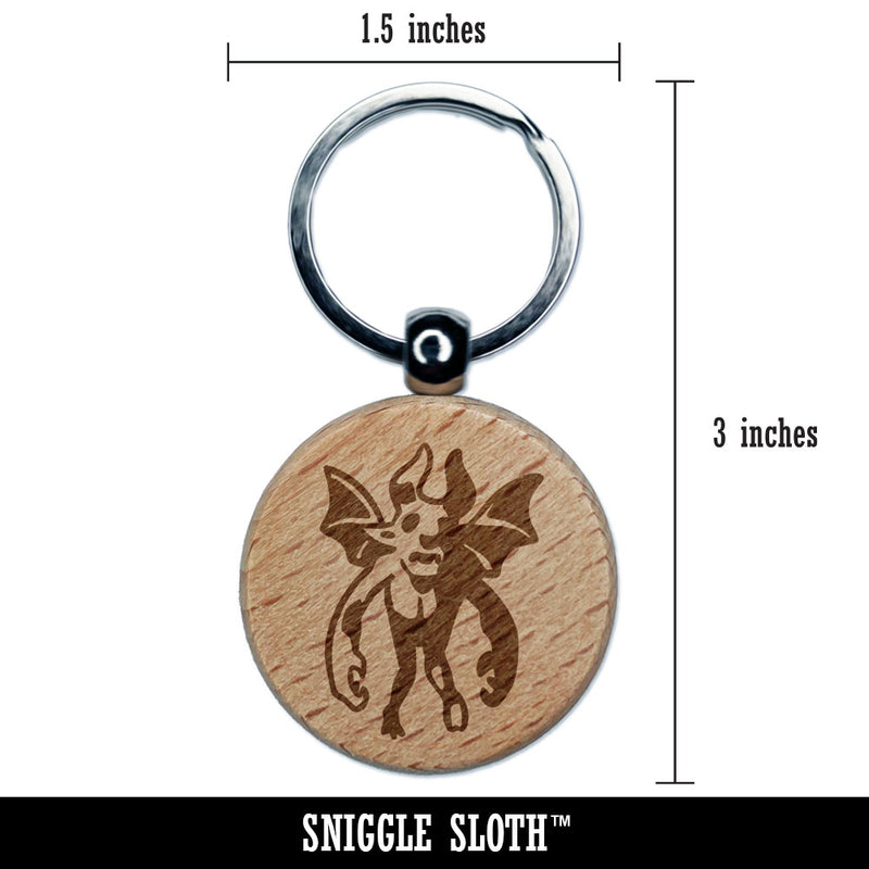 Flying Gargoyle Demon Wings Horns Monster Devil Engraved Wood Round Keychain Tag Charm