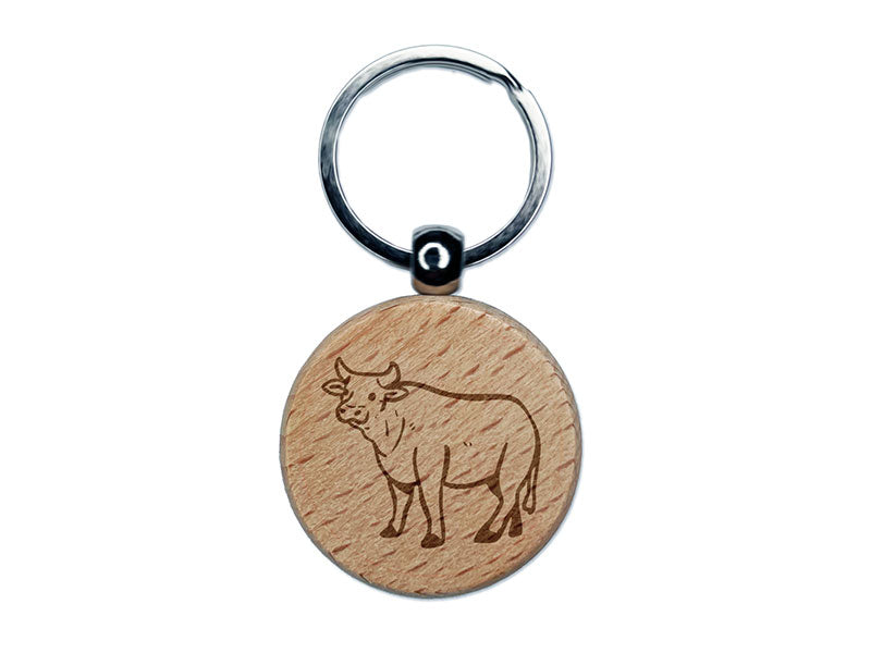 Friendly Cow Ox Cattle Farm Animal Engraved Wood Round Keychain Tag Charm