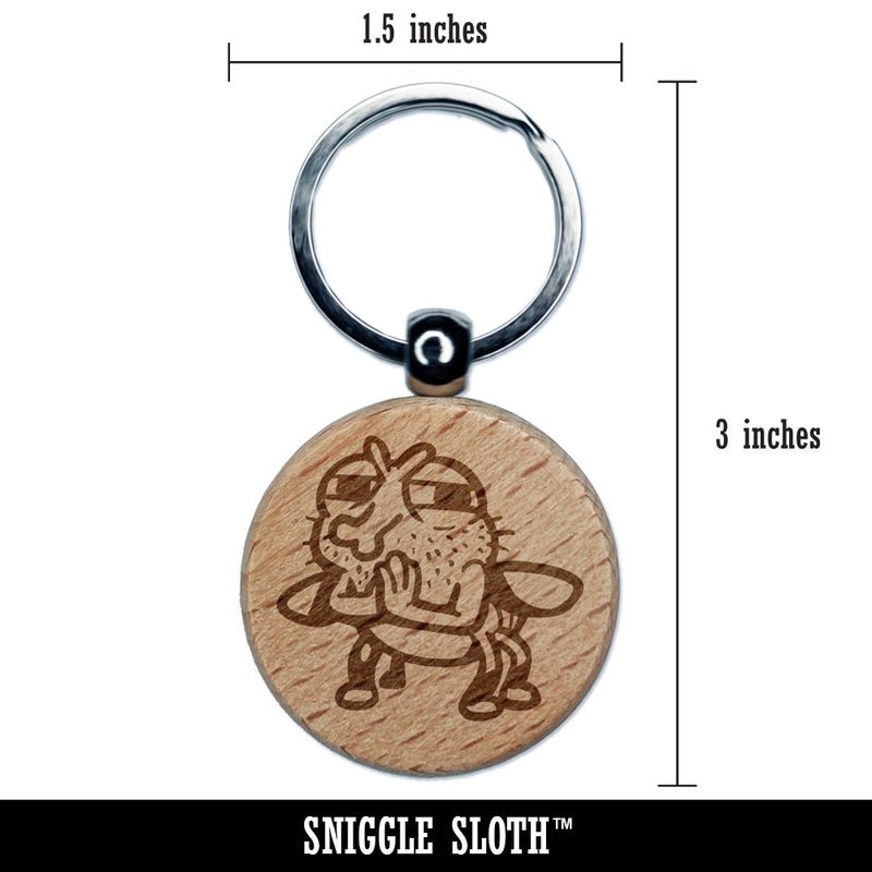 Grimey Fly Rubbing Hands Bug Insect Pest Engraved Wood Round Keychain Tag Charm