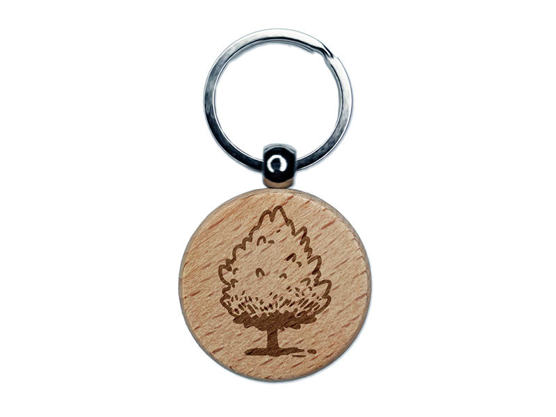 Hand Drawn Pine Bushy Tree Plant Engraved Wood Round Keychain Tag Charm