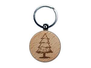 Hand Drawn Pine Tree Conifer Redwood Christmas Engraved Wood Round Keychain Tag Charm