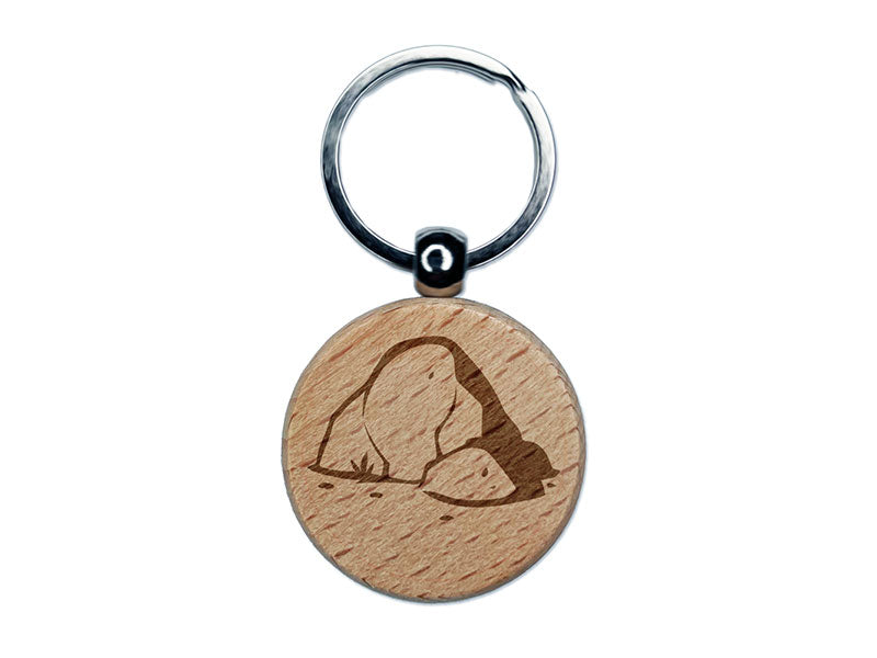 Hand Drawn Rock Stone Boulder Engraved Wood Round Keychain Tag Charm