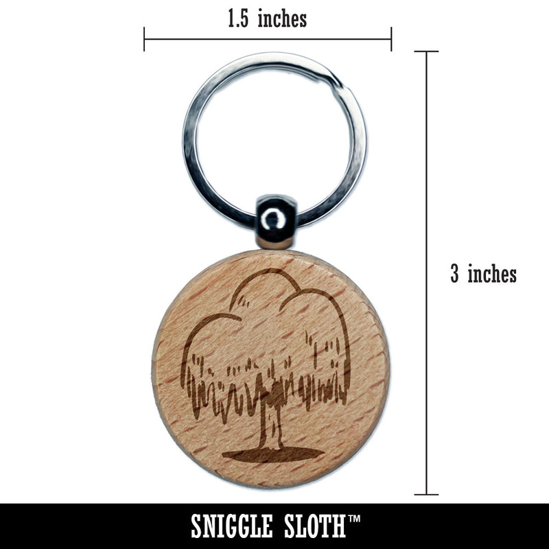 Hand Drawn Weeping Willow Droopy Tree Engraved Wood Round Keychain Tag Charm