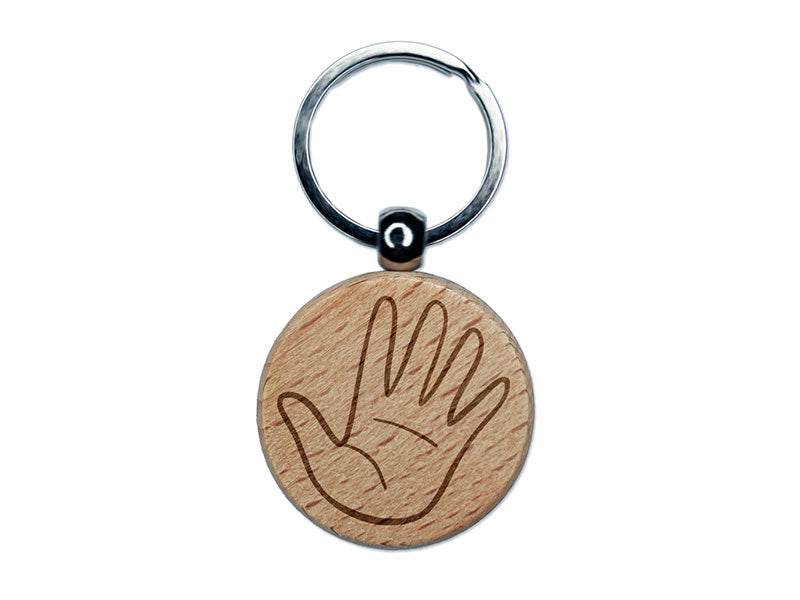 Hand Holding Up Five Fingers Open Palm Engraved Wood Round Keychain Tag Charm