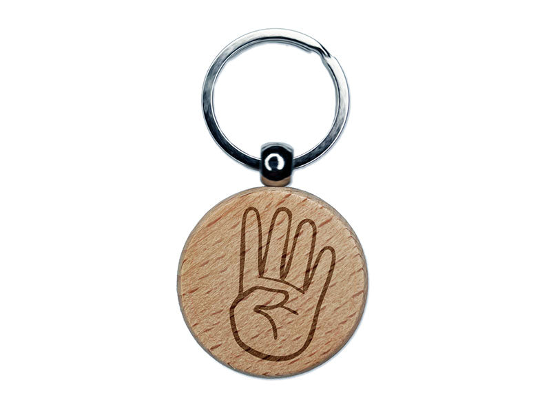 Hand Holding Up Four Fingers Engraved Wood Round Keychain Tag Charm