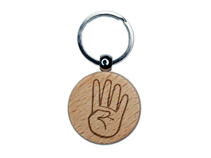 Hand Holding Up Four Fingers Engraved Wood Round Keychain Tag Charm