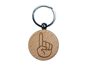 Hand Holding Up One Finger Pointing Engraved Wood Round Keychain Tag Charm