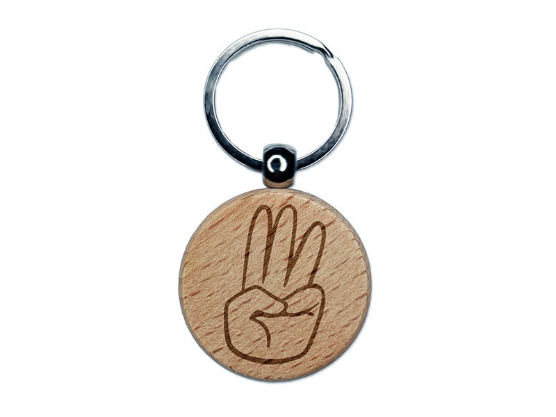Hand Holding Up Three Fingers Engraved Wood Round Keychain Tag Charm