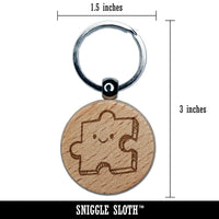 Happy Cartoon Puzzle Piece Engraved Wood Round Keychain Tag Charm