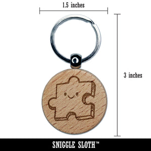 Happy Cartoon Puzzle Piece Engraved Wood Round Keychain Tag Charm