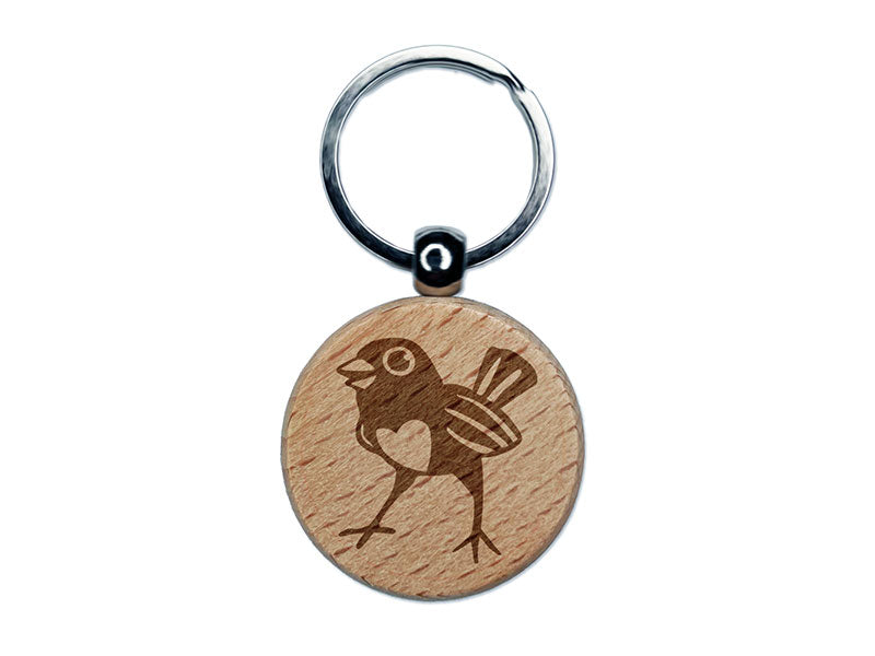 Happy Little Robin Bird With Heart Chest Cute Love Engraved Wood Round Keychain Tag Charm