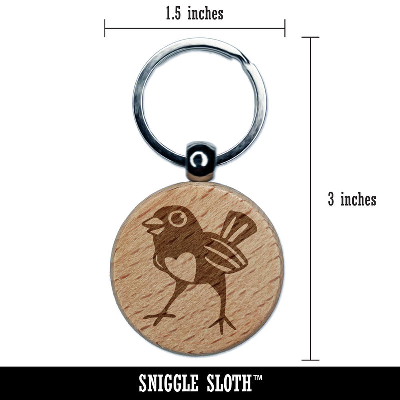 Happy Little Robin Bird With Heart Chest Cute Love Engraved Wood Round Keychain Tag Charm