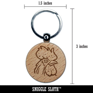 Intimidating Rooster Chicken Head Engraved Wood Round Keychain Tag Charm