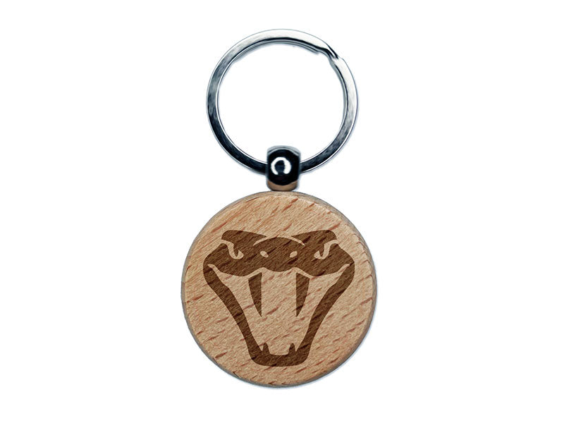Intimidating Viper Snake Head Rattlesnake Hands Engraved Wood Round Keychain Tag Charm