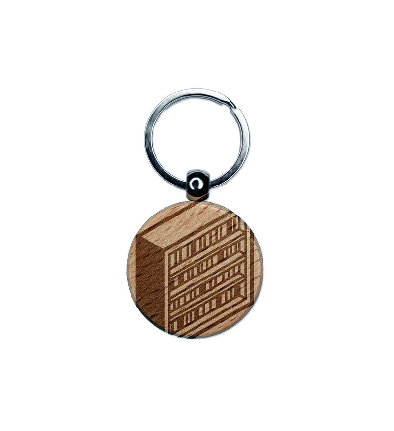 Isometric Book Shelf Storage Furniture Bookshelf Engraved Wood Round Keychain Tag Charm
