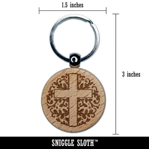 Ivy Floral Cross Easter Christianity Religious Symbol Engraved Wood Round Keychain Tag Charm