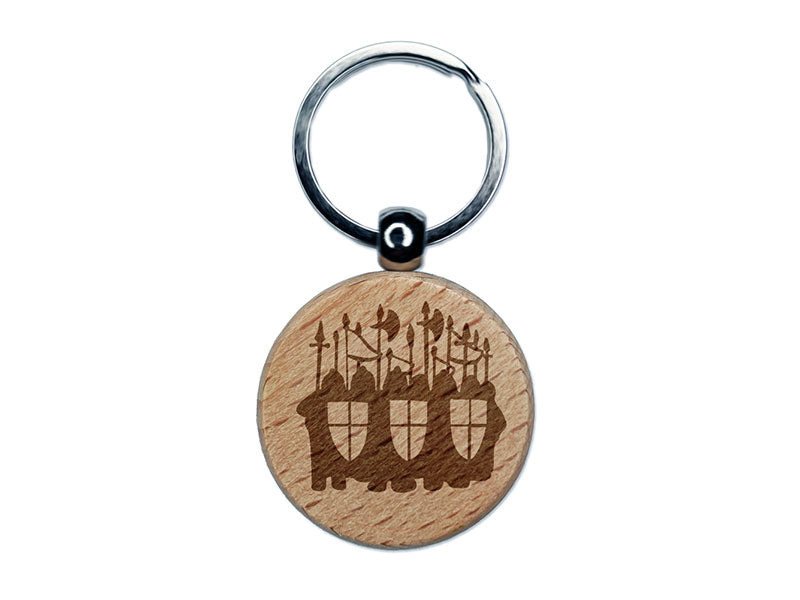 Knights Soldiers Medieval Army Shields Spears Engraved Wood Round Keychain Tag Charm