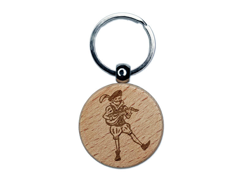 Medieval Bard Musician Singer With Lute Engraved Wood Round Keychain Tag Charm