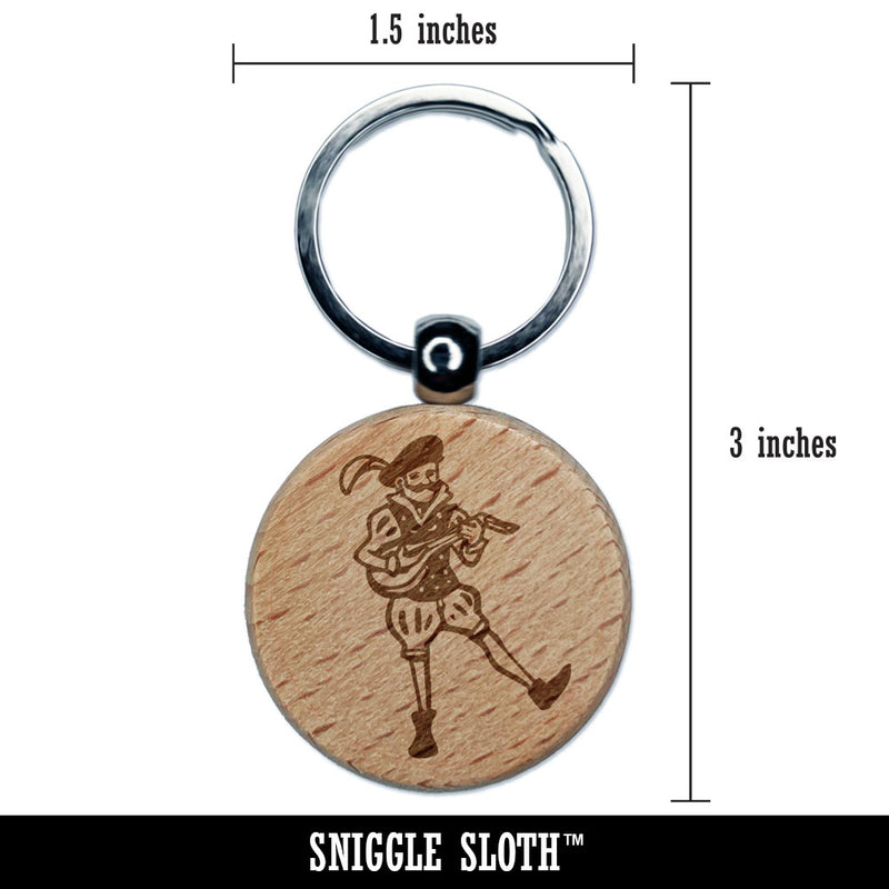Medieval Bard Musician Singer With Lute Engraved Wood Round Keychain Tag Charm