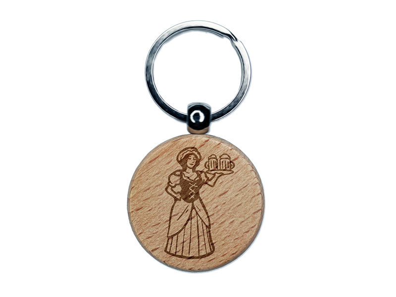 Medieval Barmaid Tavern Woman Ale Beer Engraved Wood Round Keychain Tag Charm
