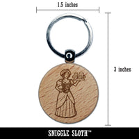 Medieval Barmaid Tavern Woman Ale Beer Engraved Wood Round Keychain Tag Charm