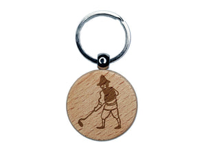 Medieval Farmer Peasant Tilling Land Garden Engraved Wood Round Keychain Tag Charm