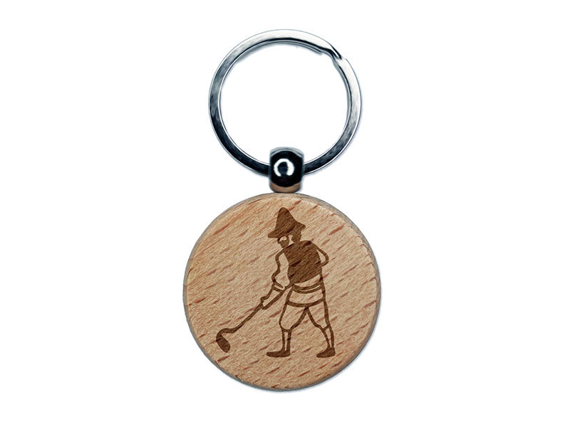 Medieval Farmer Peasant Tilling Land Garden Engraved Wood Round Keychain Tag Charm