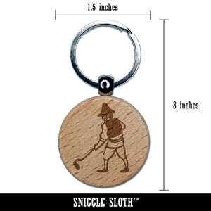 Medieval Farmer Peasant Tilling Land Garden Engraved Wood Round Keychain Tag Charm
