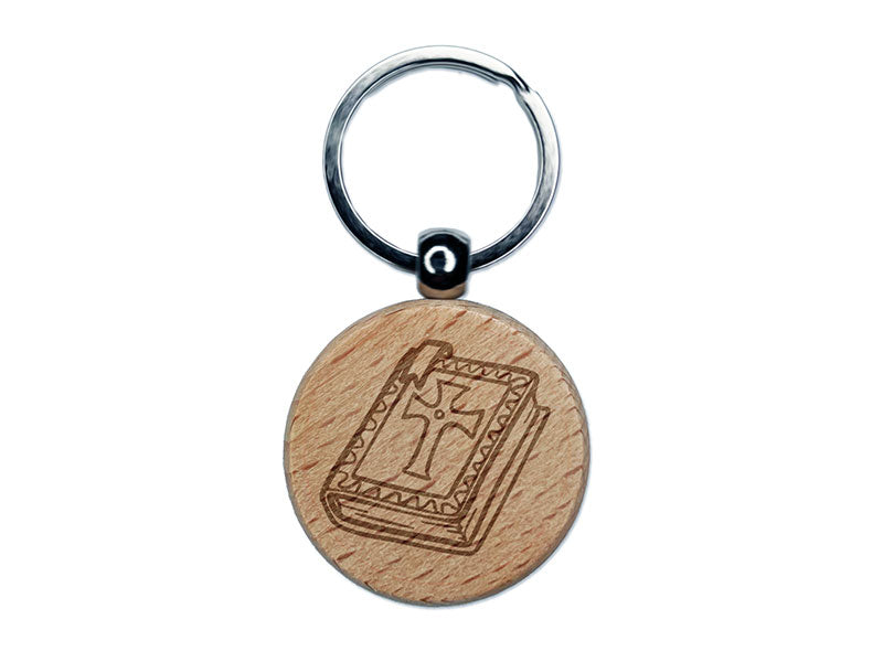 Medieval Holy Bible Book Crusades Engraved Wood Round Keychain Tag Charm