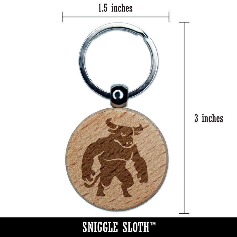 Minotaur Mythical Man Bull Creature Engraved Wood Round Keychain Tag Charm