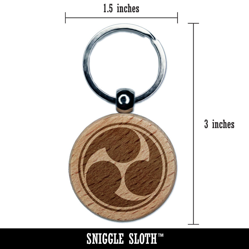 Mitsu Tomoe Japanese Shinto God Symbol Samurai Charm Engraved Wood Round Keychain Tag Charm