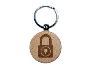 Padlock Locked Keyhole Security Symbol Engraved Wood Round Keychain Tag Charm